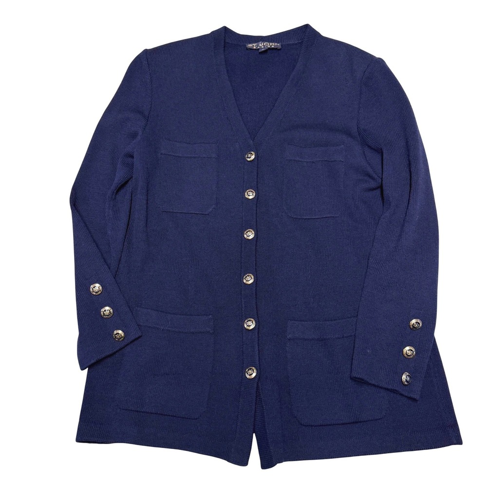 St John Vintage Navy Blue‎ Knit Cardigan Gold Crest Button Sweater Size 10